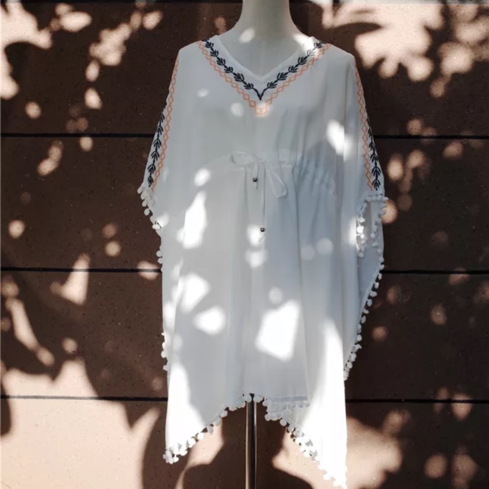 White Chiffon Embroidered Pompom Trim Swim Coverup - Picture 3 of 6